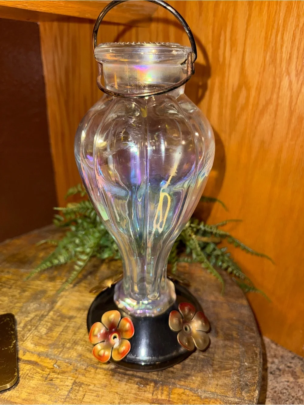 Iridescent Glass Hummingbird Feeder with Black Base